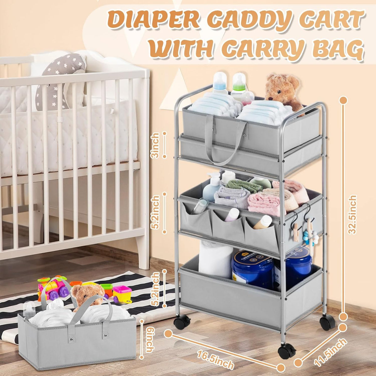 Honeydak 2in1 Baby Diaper Caddy Organizer Cart 3 Tier Large Capacity Metal Utility Bedside Rolling Cart with Divider for Newborn Nursery Essential Must Have for Crib Bedroom Baby Shower(Gray)