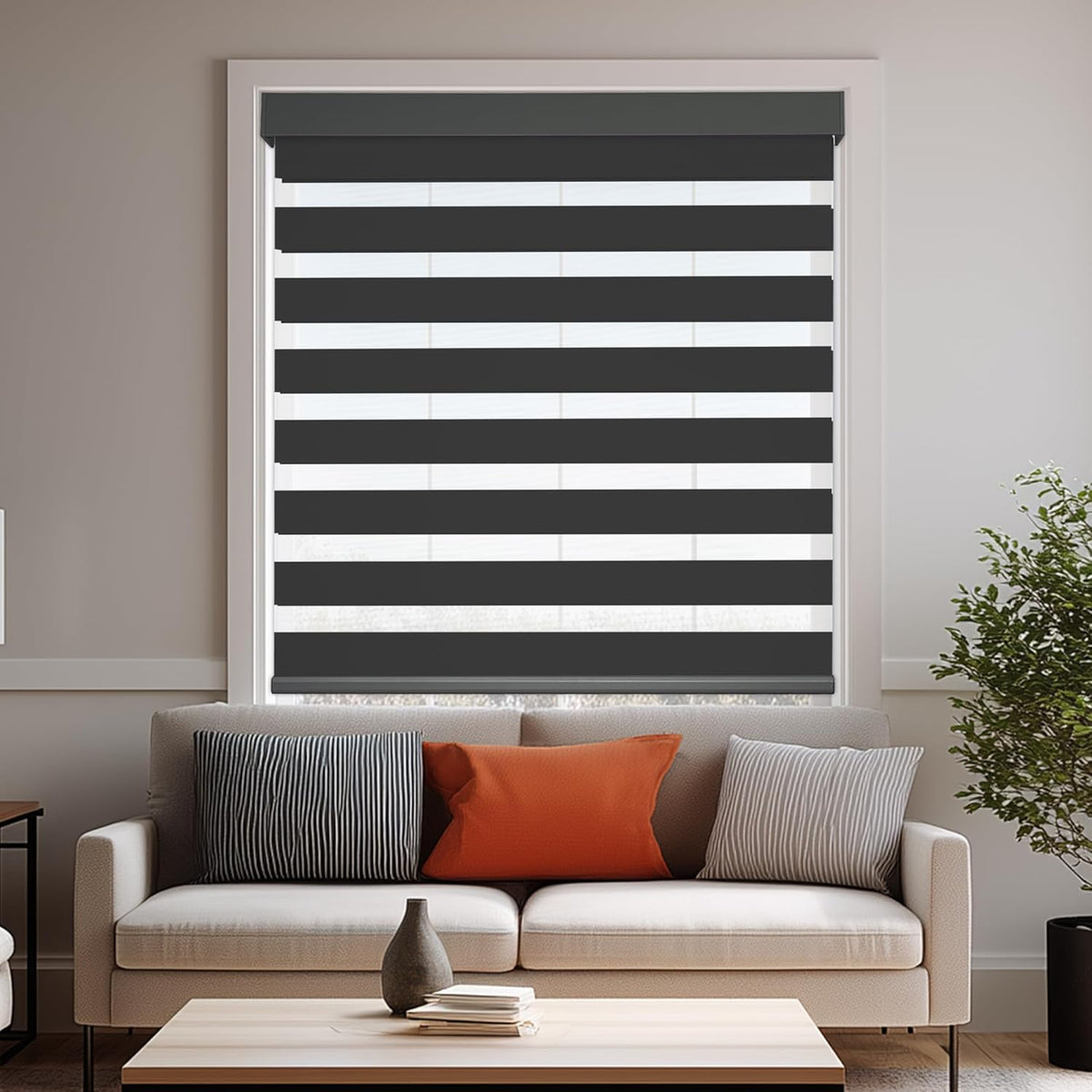 HESTIA Cordless Zebra Blinds Light Filtering Roller Shades UV Blocking Blackout Privacy Indoor Window Shades for Home Office Day and Night, Black,45" W x 60" H