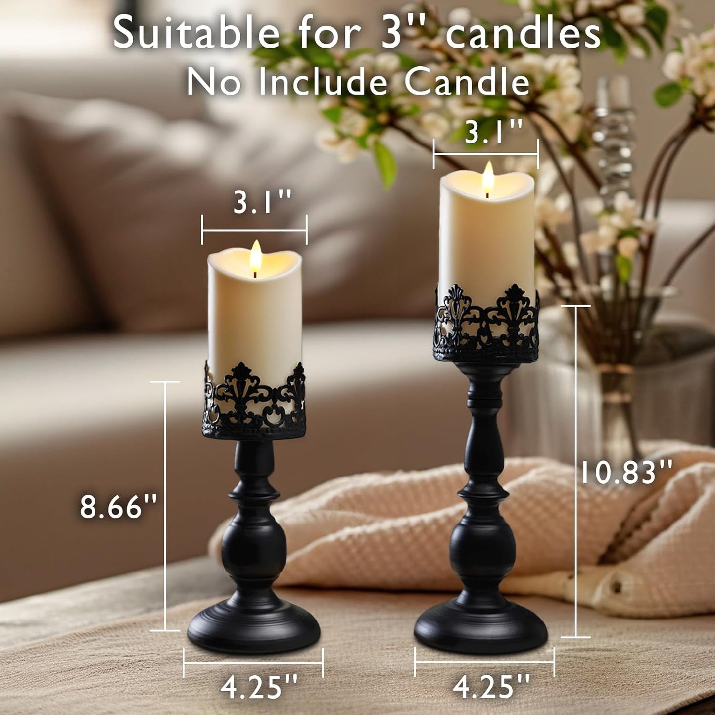 Gothic Black Pillar Candle Holders (Set of 2) – Vintage Metal Stand for Halloween Decor
