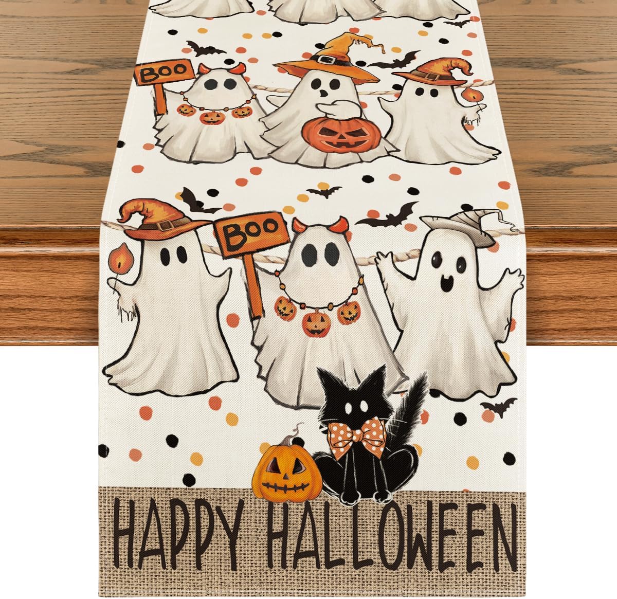 Artoid Mode Beige Ghost Jack-O'-Lantern Black Cat Halloween Table Runner,Holiday Kitchen Dining Table Decoration for Home Party Decor 13 x 90 Inch