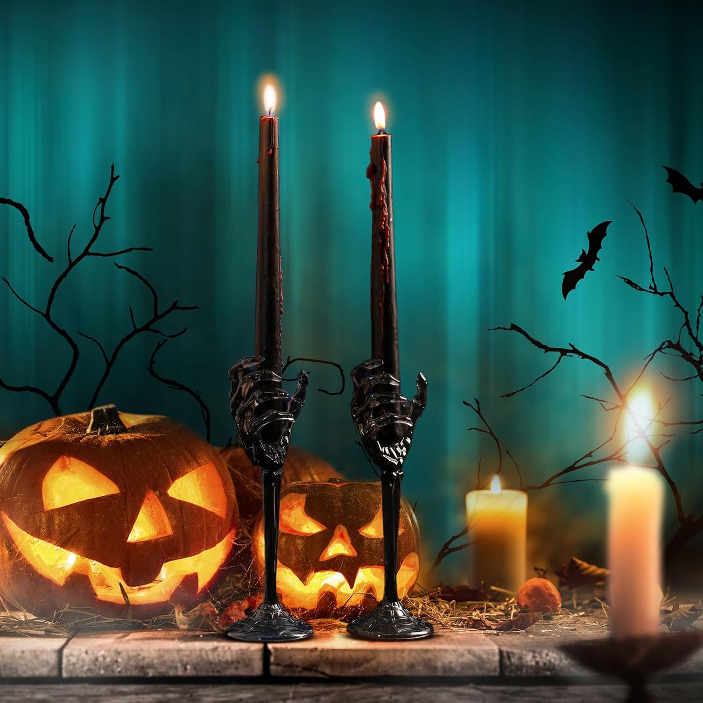 2 Pcs Halloween Skull Candle Holders Halloween Table Centerpieces Fireplace Decorations Skeleton Gothic Decor Horror Skeleton Skull Candlestick Holders for Home Office Bar Party Supplies