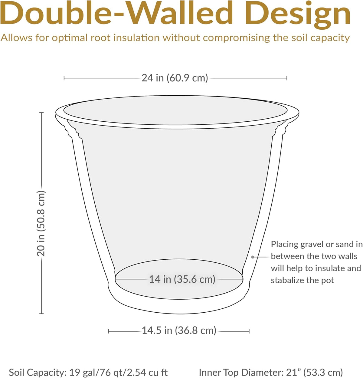 Sunnydaze 24-Inch Anjelica Large Plastic Pot for Plants - Outdoor Polyresin Round Planter with Drillable Drainage Holes - Sable - 2pk