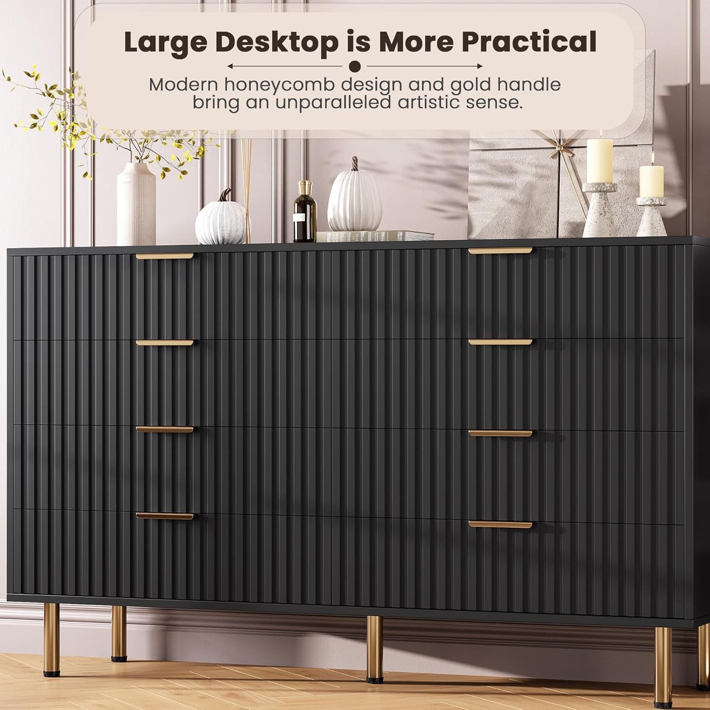 8 Drawer Dresser for Bedroom, Fluted 55" Wide Modern Chest of Drawers with Deep Drawers, Wooden Dresser Organizer for Living Room, Hallway, Kids Room, Black