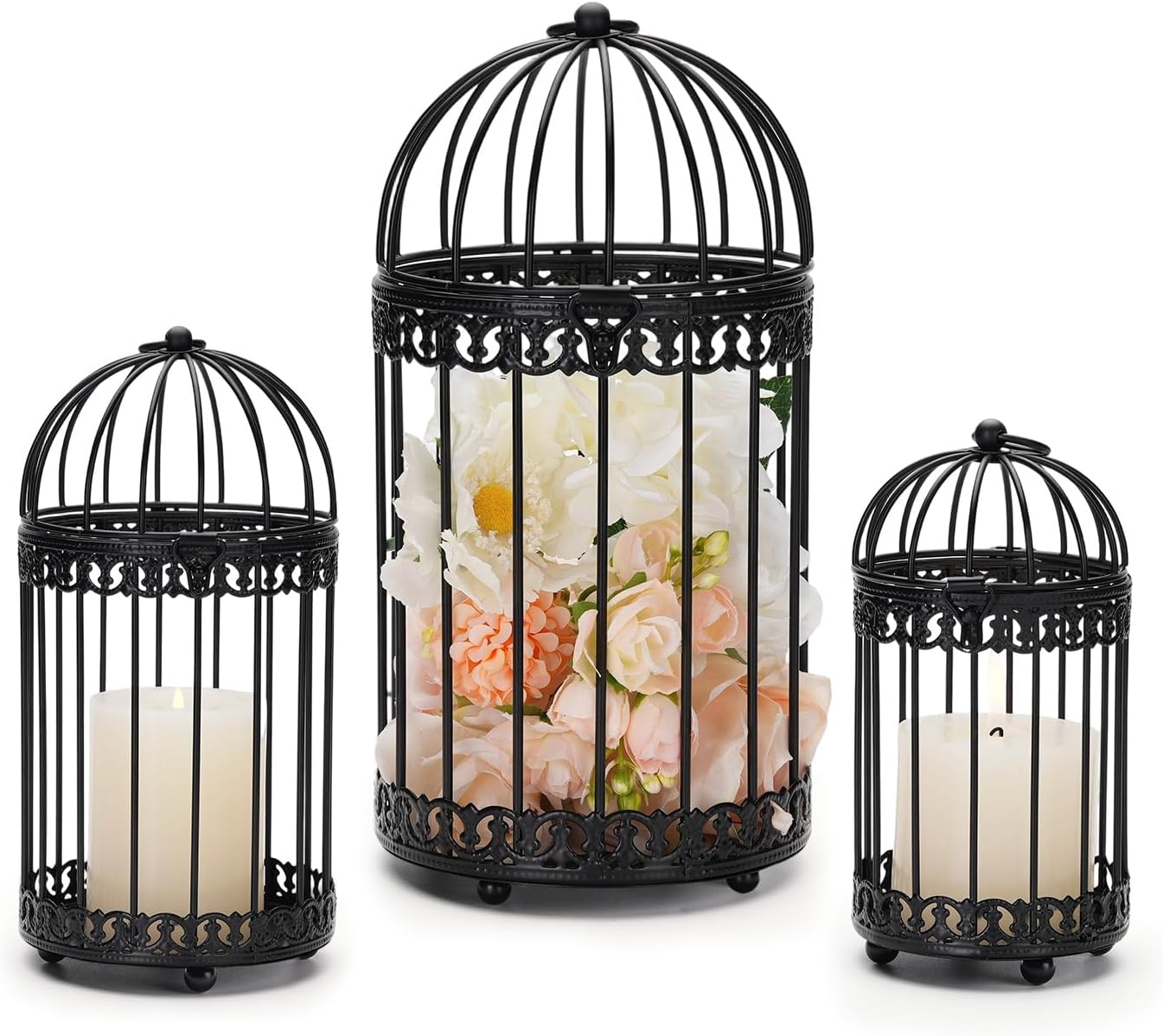 Decorative Bird Cages for Centerpiece: Black Vintage Bird Cage Hanging Lantern Set of 3 - Metal Birdcage Pillar Candle Holders for Halloween Party Table Fireplace Decor