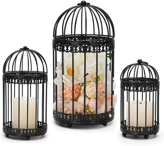 Decorative Bird Cages for Centerpiece: Black Vintage Bird Cage Hanging Lantern Set of 3 - Metal Birdcage Pillar Candle Holders for Halloween Party Table Fireplace Decor