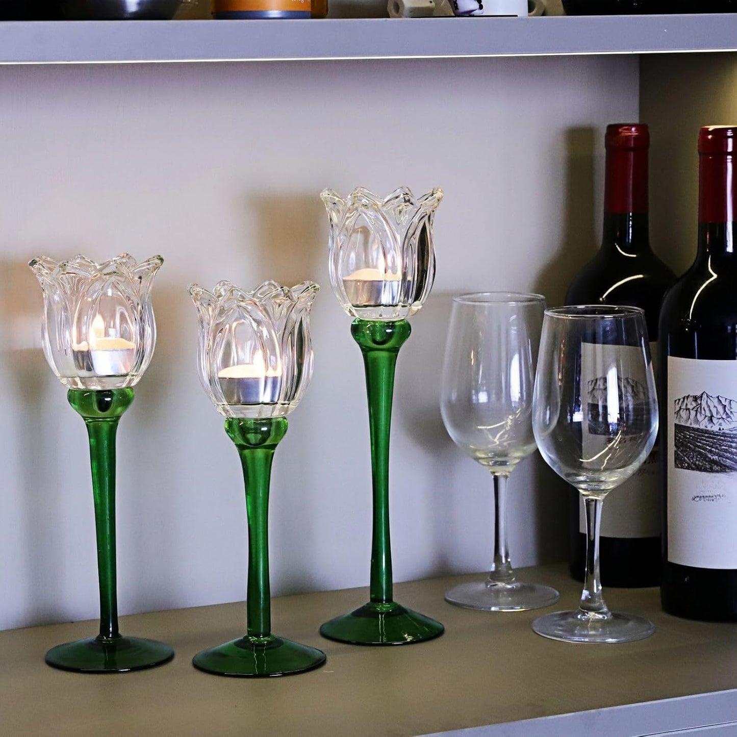 Clear Tulip Glass Tealight Candle Holders Set of 3 — Spring Table Centerpiece / Easter Decor / Tall Glass Tulip Candle Stands