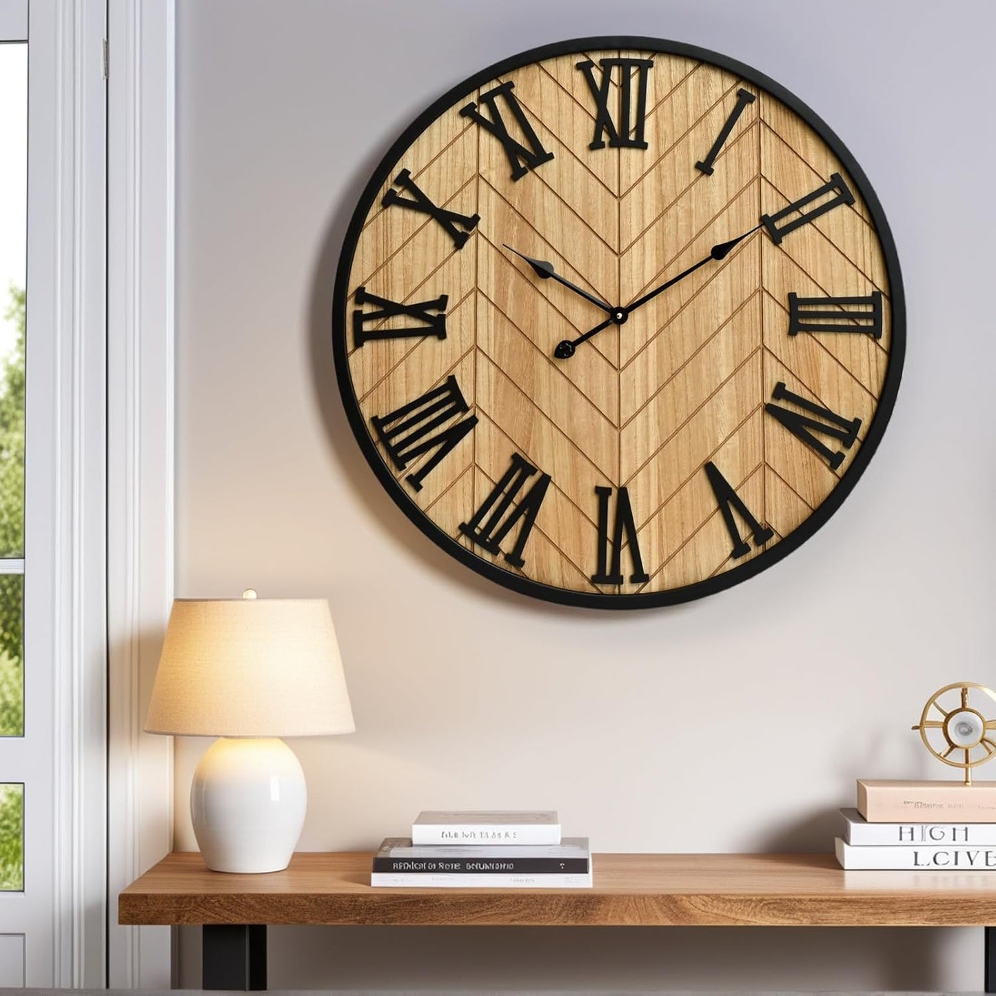 30 Inch Farmhouse Wall Clock with Wood Texture – Silent Non-Ticking Rustic Large Wall Clock for Living Room Decor