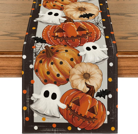Artoid Mode Jack-O'-Lantern Pumpkin Ghost Spider Web Halloween Table Runner,Holiday Kitchen Dining Table Decoration for Home Party Decor 13 x 60 Inch