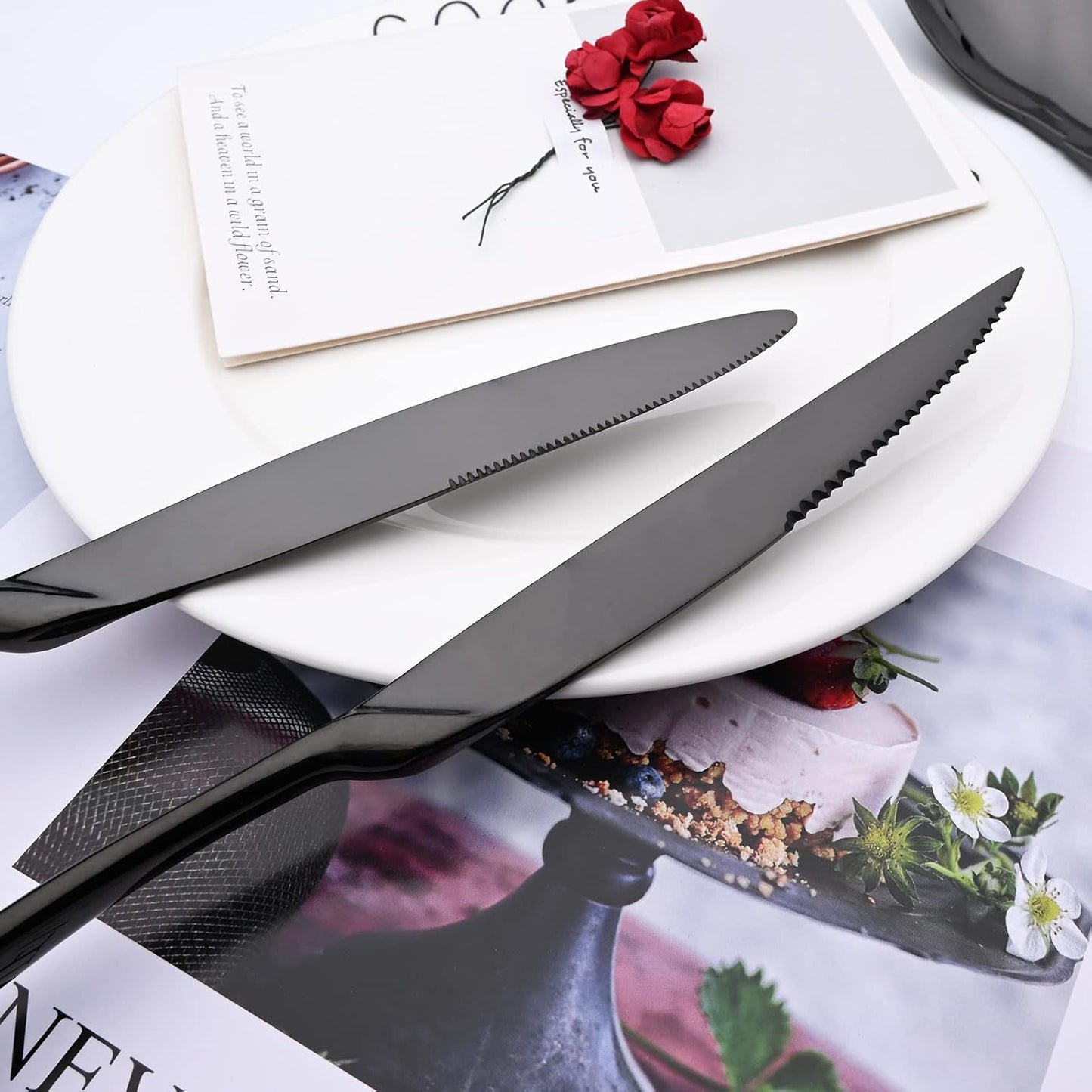 24-Piece Black Flatware, Mirror 18/10 Stainless Steel Modern & Luxury Dinnerware Set With Serrated Steak Knife Teaspoon For Daily Use or Dinner Party Restaurant - Service For 4