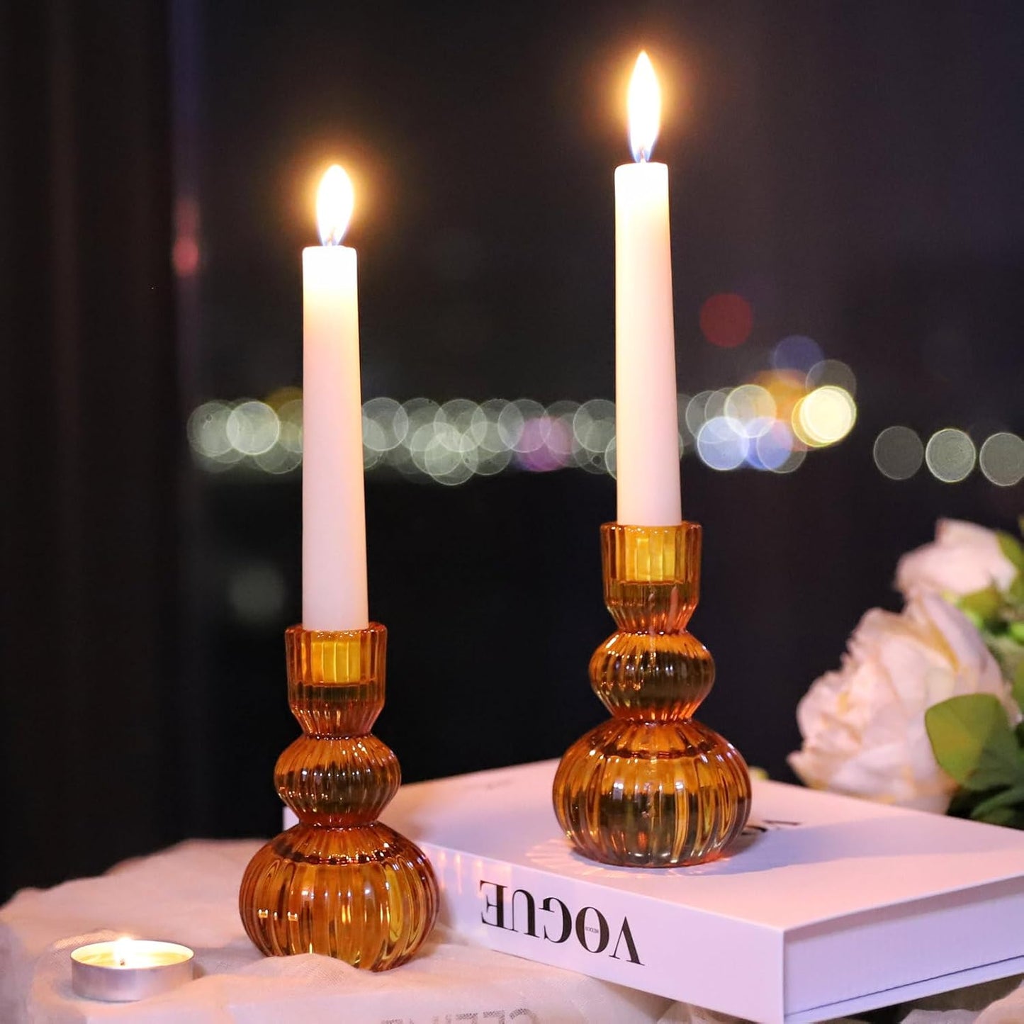 Amber Taper Candle Holders 4.3" H for Halloween/Thanksgiving Decorations, Set of 3 Ribbed Glass Candlestick Holders Vintage for Fall Wedding, Boho Candle Sticks Holder Decor for Dining Table