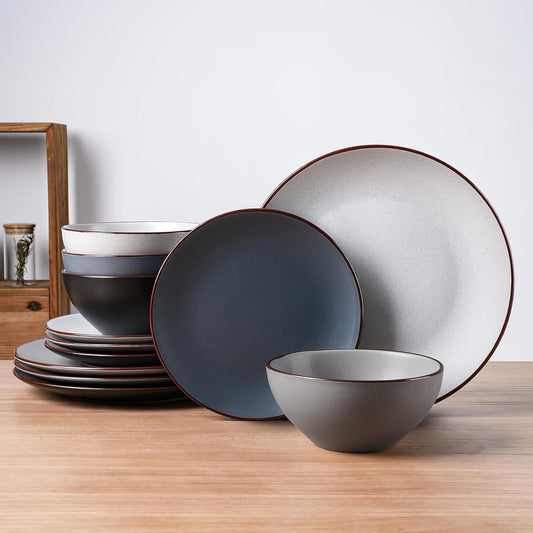 Famiware Venus Plates and Bowls Sets, 12 Pieces Stoneware Speckled Dinnerware Sets, Dishes Set for 4, Microwave and Dishwasher Safe, Matte Multi-color