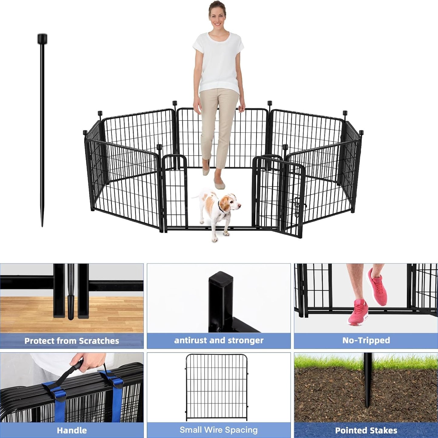 ADAVIN 24 in(H) Garden Fence with Gate, 8 Panels Total 19.7 Ft(L), Heavy Duty Iron Metal Animal Barrier Fence, Dog Fence Outdoor for Yard, Temporary Fencing, No Dig Garden Border Fencing