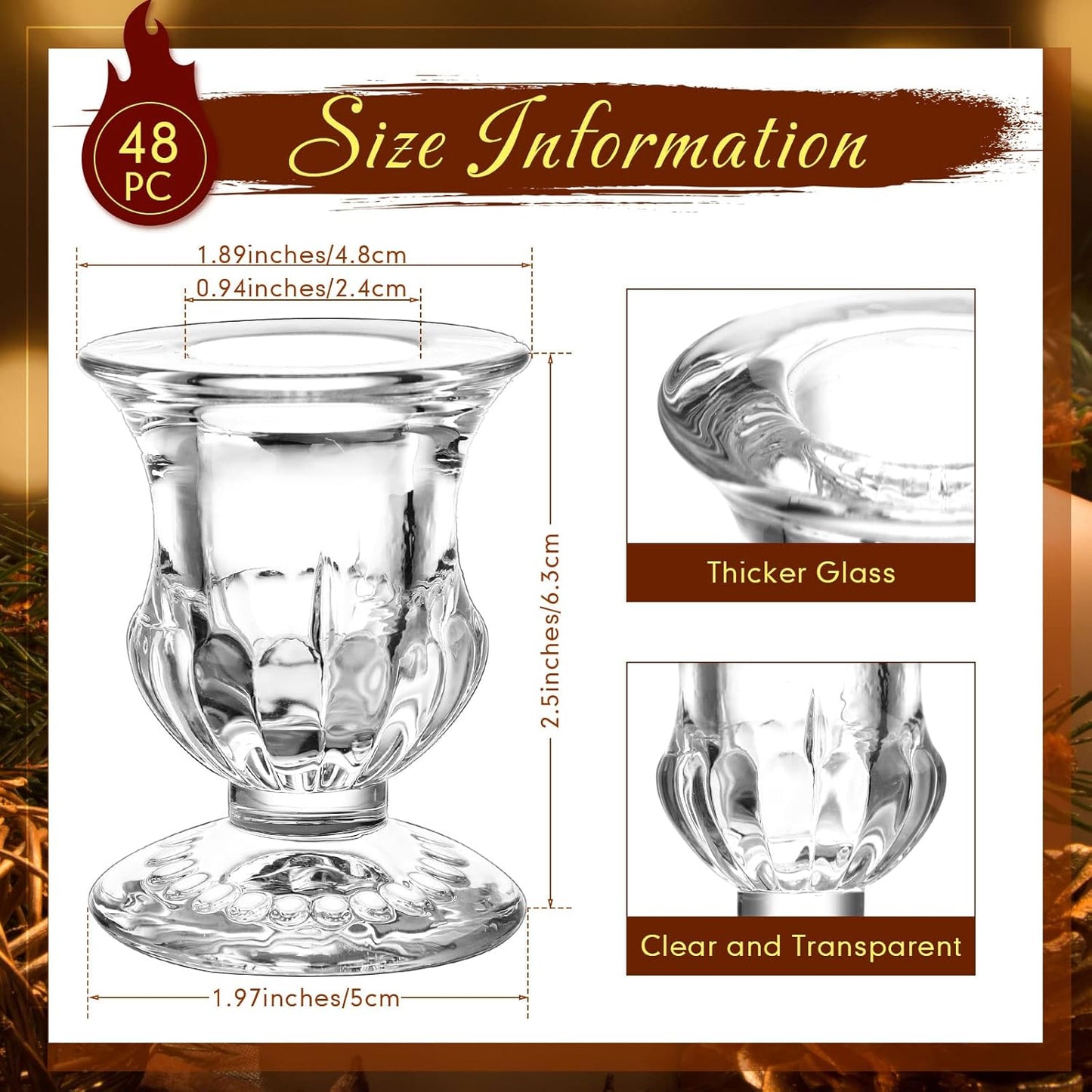 48 Pcs Glass Candlestick Holders Bulk 2.5 Inch Taper Candle Holders Small Ritual Candle Stand Table Centerpieces for Wedding Christmas Valentine's Festival Party Dining Decorations