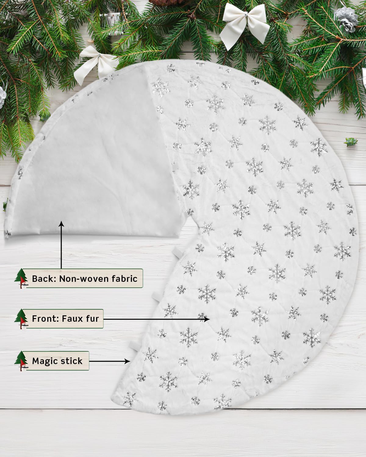 COOLWUFAN 60 Inches Christmas Tree Skirt for Xmas Tree Holiday Party Decorations White Plush Silver Sequin Snowflake (Silver)