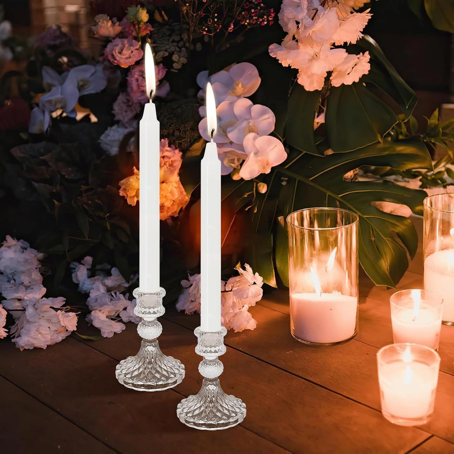 Clear Glass Taper Candle Holders Set of 12, 4” Tall Ribbed Glass Candlestick Holders for Table & Home Decor