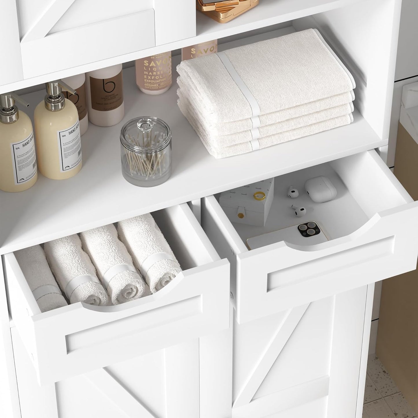 ANWBROAD 67” Bathroom Storage Cabinet Tall Storage Cabinet with Adjustable Shelves and Drawers Freestanding for Bathroom Kitchen Pantry Living Room Cabinet USBC002W