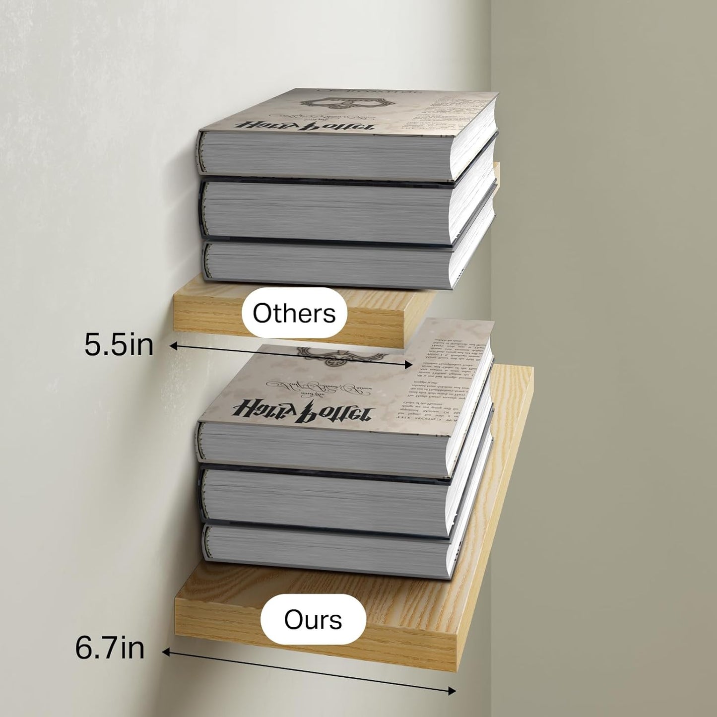 BAYKA Floating Shelves, 22.5" Wall Mounted Wood Shelves for Bathroom, Bedroom, Living Room, Kitchen, Hanging Shelf for Books/Storage/Decor (Oak-Toned,Set of 2)