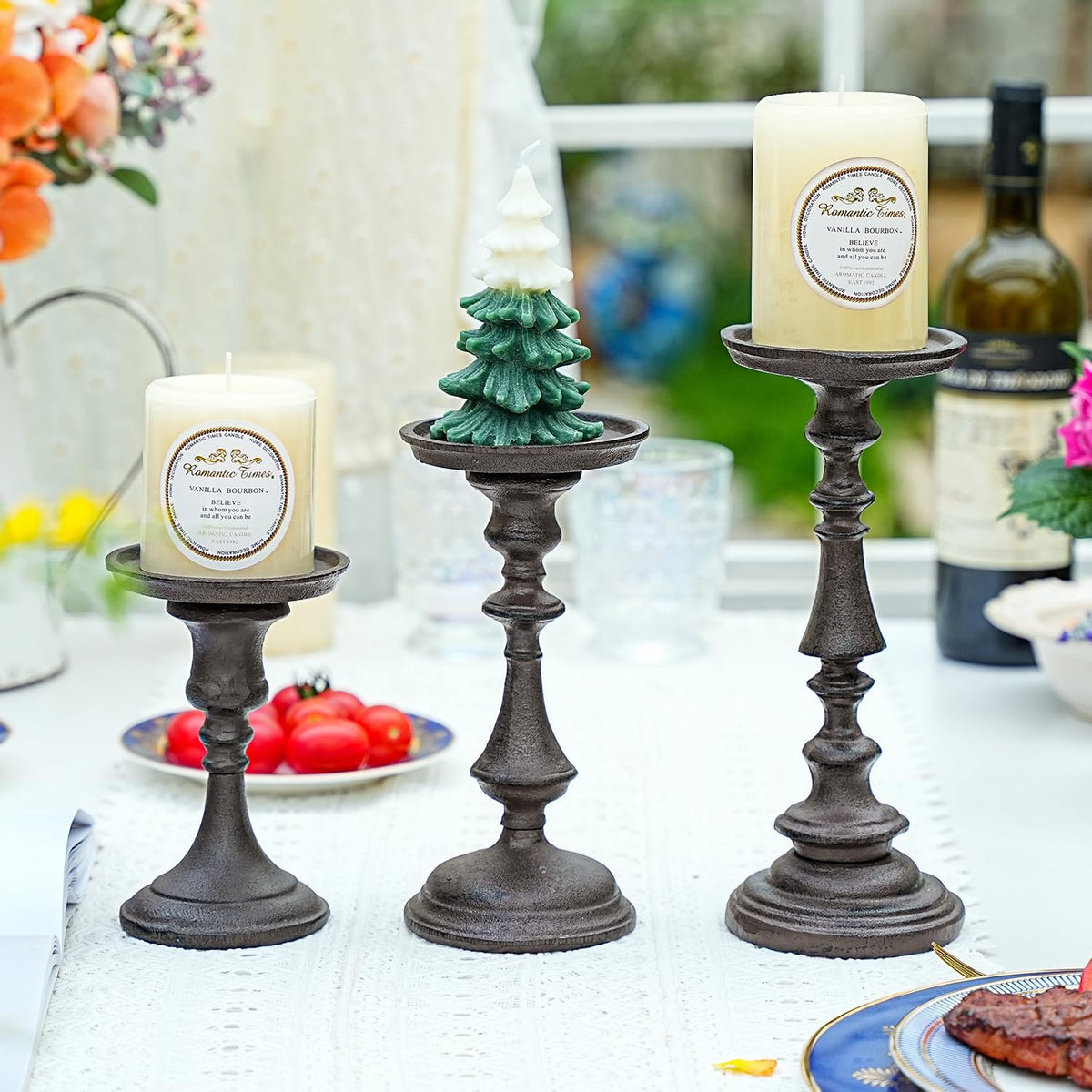 Rustic Cast Iron Pillar Candle Holder, 7.8" Tall Vintage Candlestick Holders, Table Centerpiece Metal Candle Holder, Farmhouse Candle Stand for Fireplace Shelf Home Decor