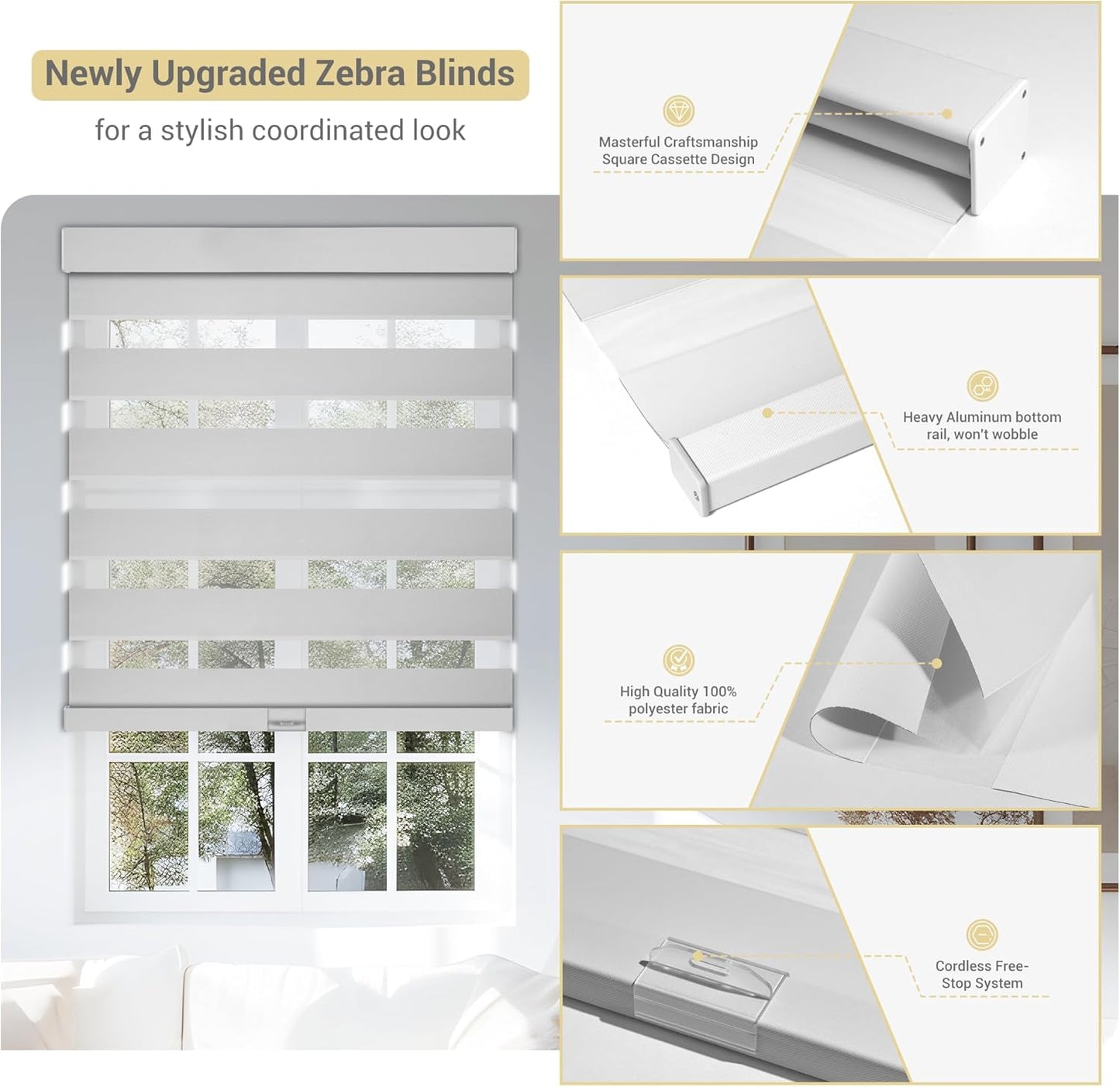 Cordless Zebra Blinds for Windows, Blackout Interior Blinds,Easy to Install,UV Protection,for Offices and Home,Custom Roller Shades, Solid White, 47" W x 48" H