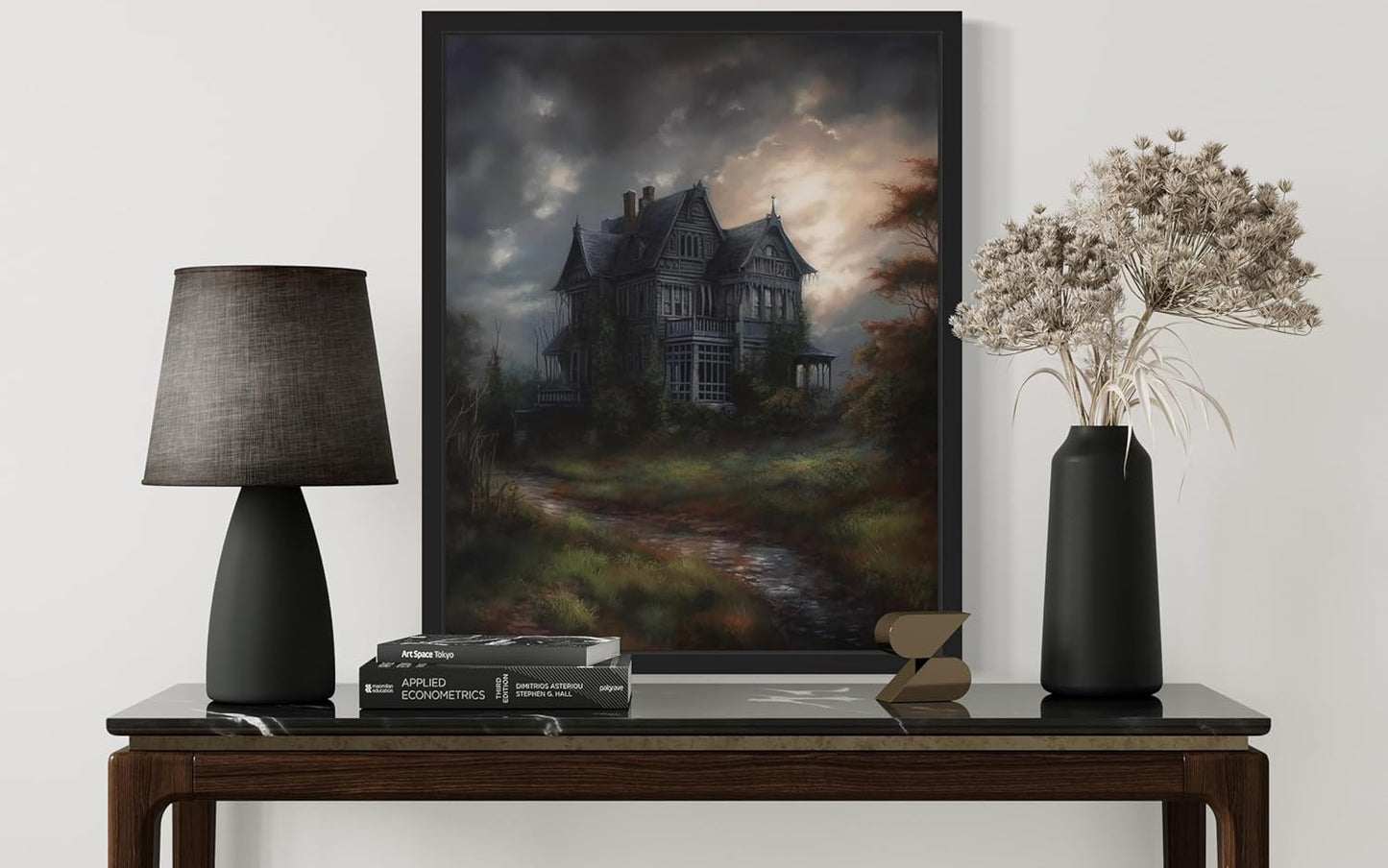 Haunted House Poster Art Print, Halloween Scary Vintage Wall Art Academia Spooky Painting Decoration for Horror Prints, Gothic Posters Bedroom Decor 89 (Haunted House, 11 x 14 inches, Black Frame)