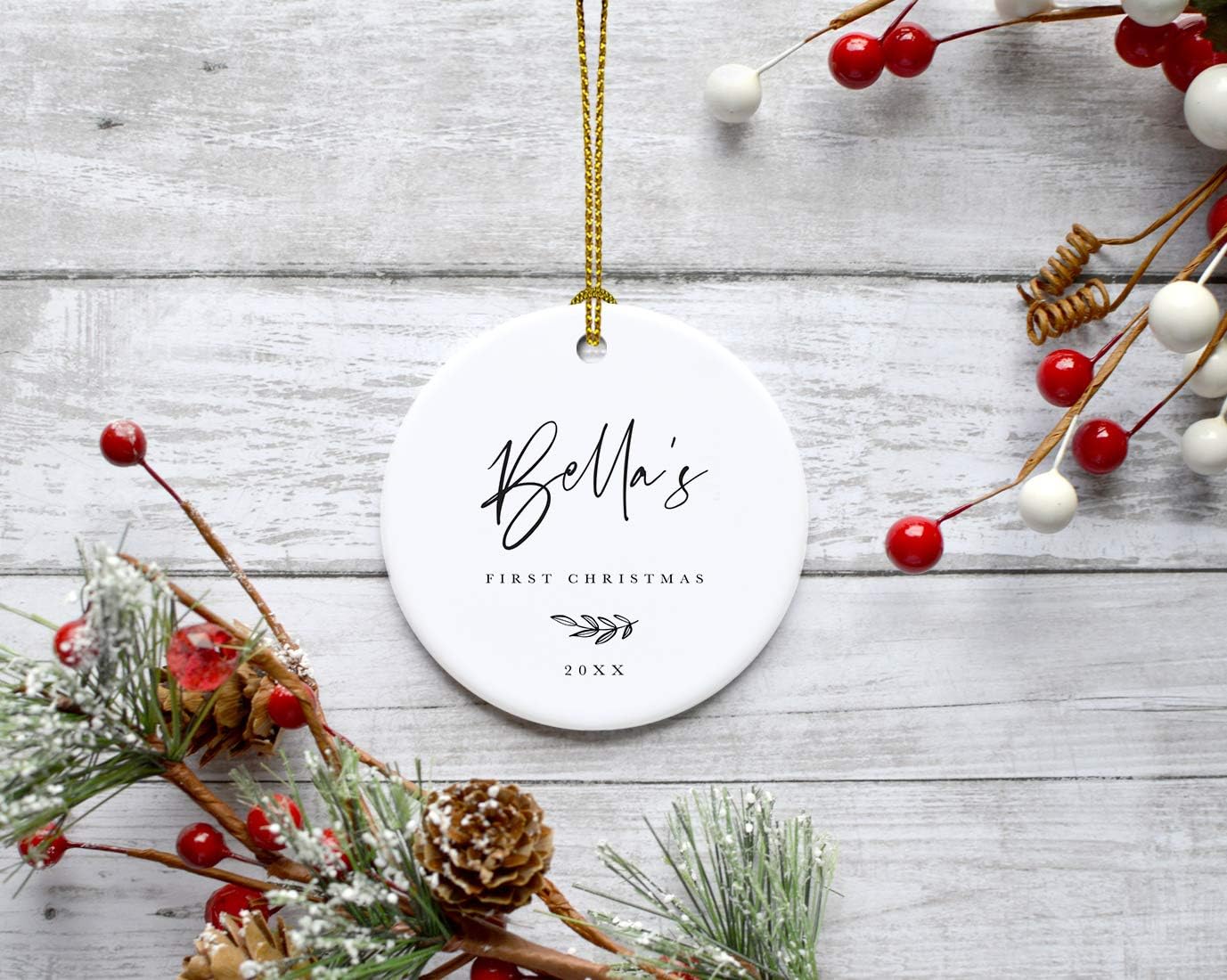 Andaz Press Personalized Baby 1st Christmas Round Ceramic Porcelain Christmas Tree Ornament Engagement Keepsake Collectible Gift, Olivia's First Christmas 2025, Antique Handdrawn, 1-Pack