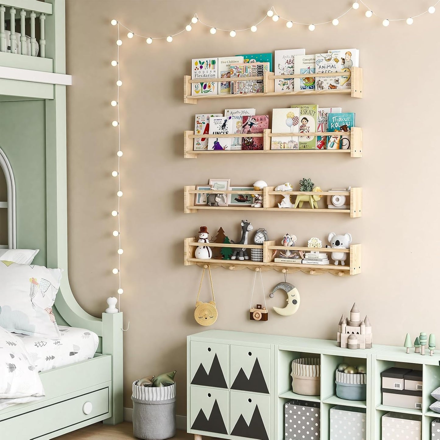 34Inch Nursery Bookshelves,Set of 4,Wall Floating Shelf Kids Coat Rack with 6Hooks,Hanging Book Shelf for Baby Nursery Room Décor， Patent Number: 29958098(Burlywood, 34)