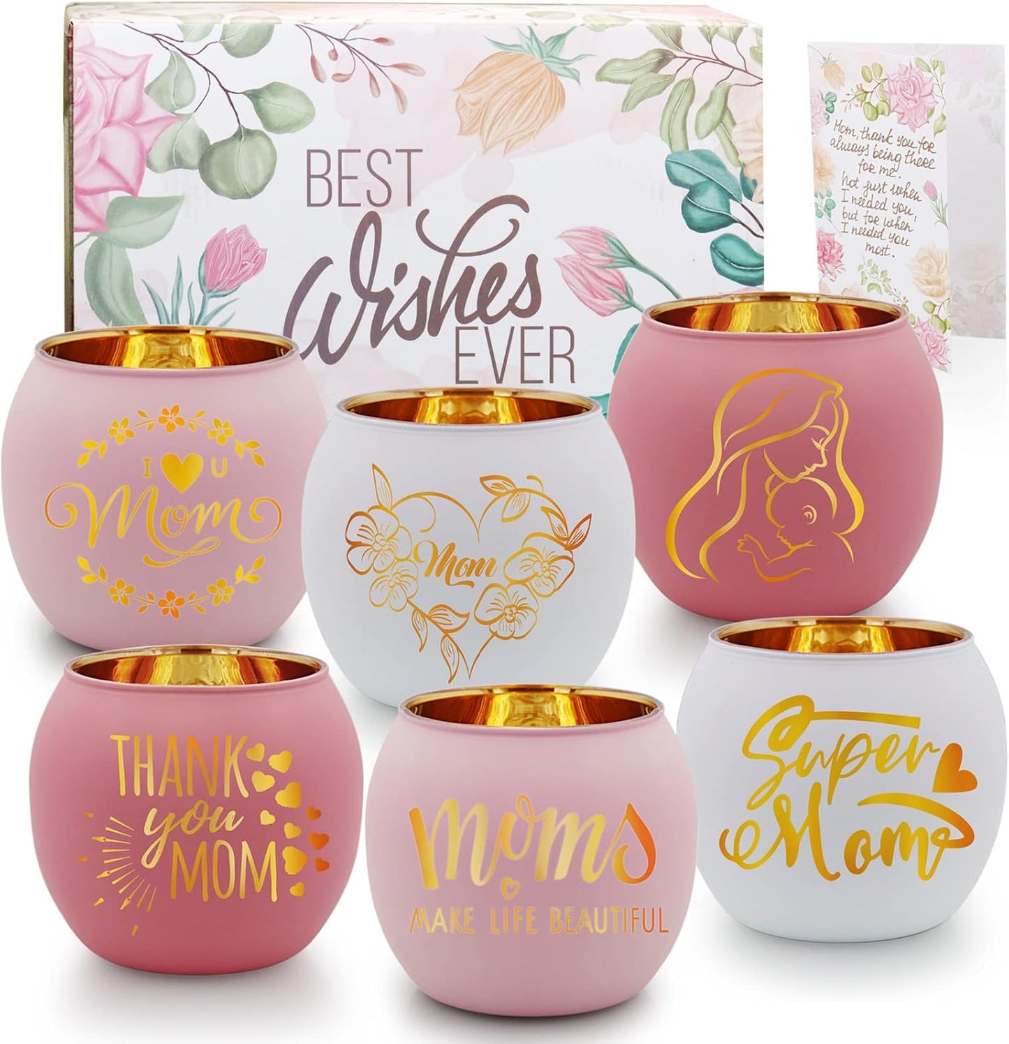 Engraved Pink Glass Tealight Candle Holders Set, Decorative Votive Holders for Table &amp; Shelf Decor