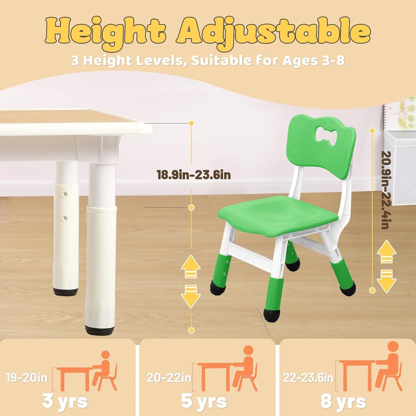 FUNLIO Kids Table and 4 Chairs Set for Ages 3-8, Height Adjustable Toddler Table and Chair Set, Easy to Wipe Arts & Crafts Table, for Classrooms/Daycares/Homes, CPC & CE Approved(5 pcs Set)-Multicolor