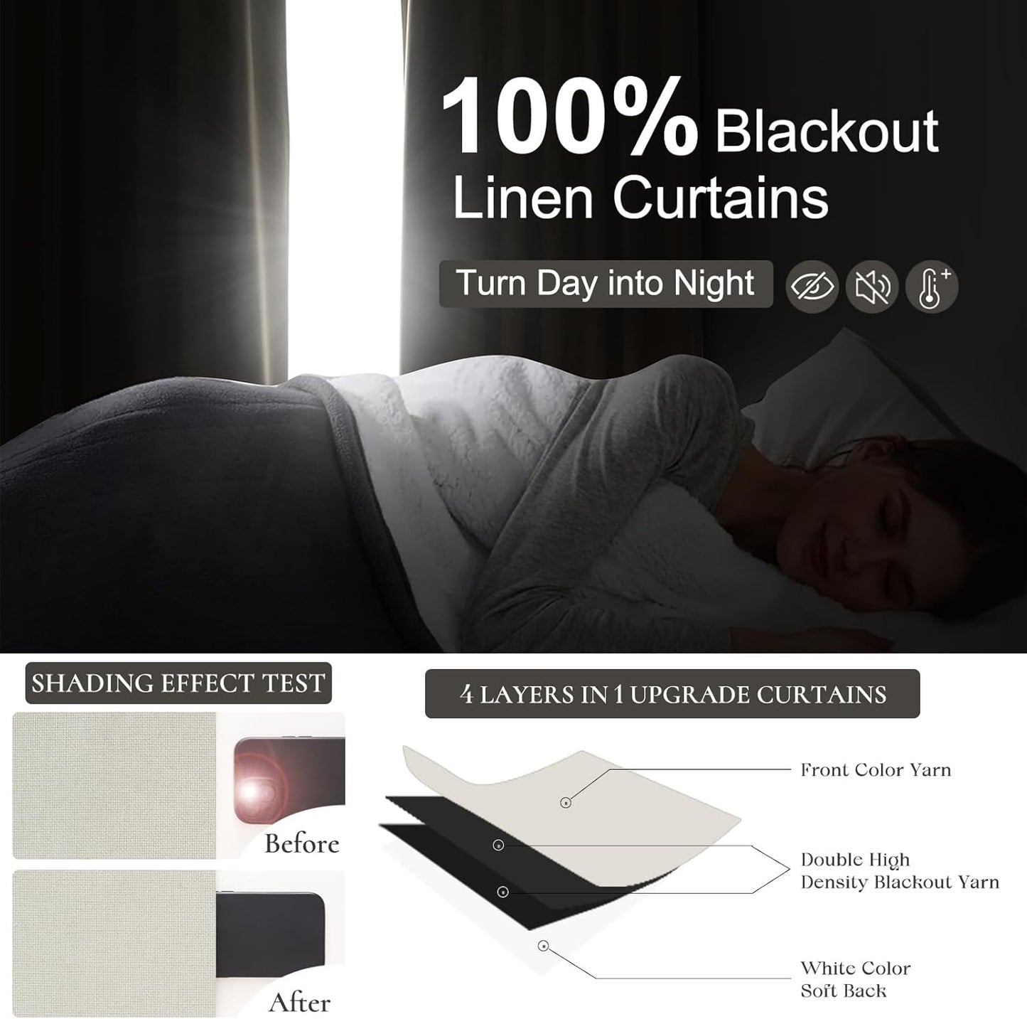 Beige White Pleated Room Darkening 100 Inch Curtains for Living Room, Neutral Thick Linen Blend Curtain Blackout Thermal Window Drapes with Hooks&Rings for Ceiling Track 40" Wx100 L 2 Panels