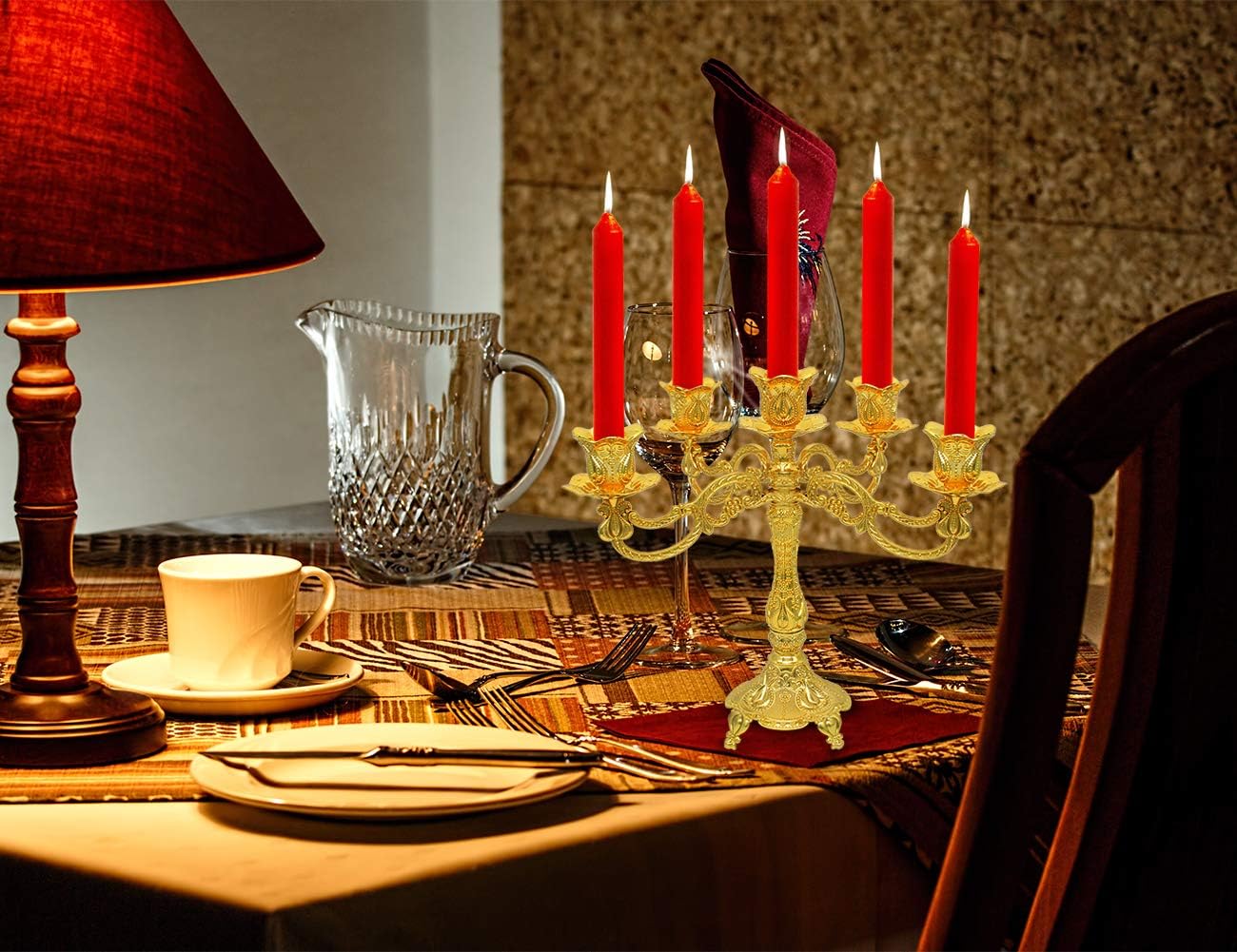 Gold 5 Arm Metal Candelabra Candle Holder — Elegant Tall Centerpiece for Dining Table, Wedding Decor, Fireplace Mantel, Vintage Gold Candlestick Holder