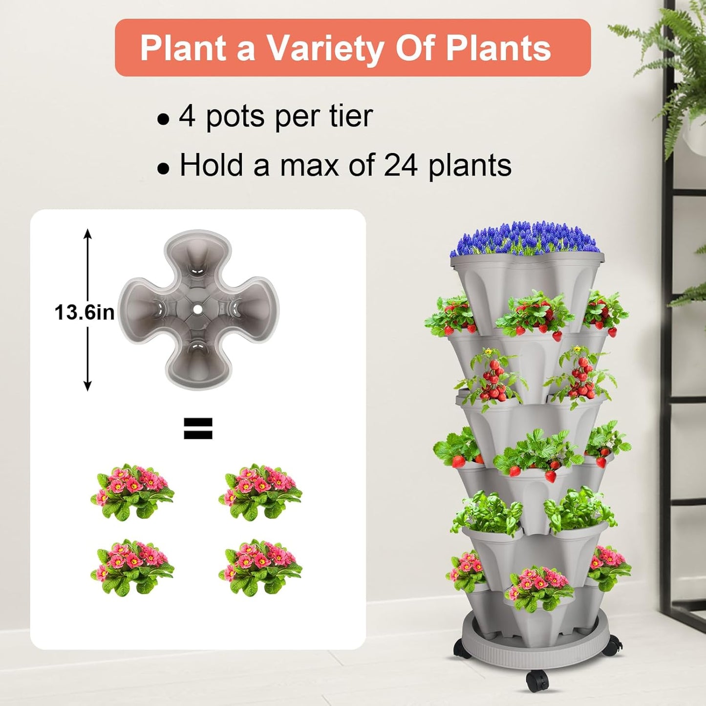 DUNCHATY Stackable Planter, Vertical Garden Planter with Wheels and Tools, Self Watering Strawberry Planter Indoor/Outdoor 6 Tier Herb Planter Pots for Growing Vegetables and Succulents,Gray