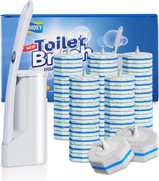 Disposable Toilet Brush Cleaning System with 50pcs Refills Pads Replacement Heads, Toilet Cleaning Stick, Wall Mounted Toliet Wand Kit Bathroom Maintenance, Toilet Bowl Cleaner Wands Holder and Set