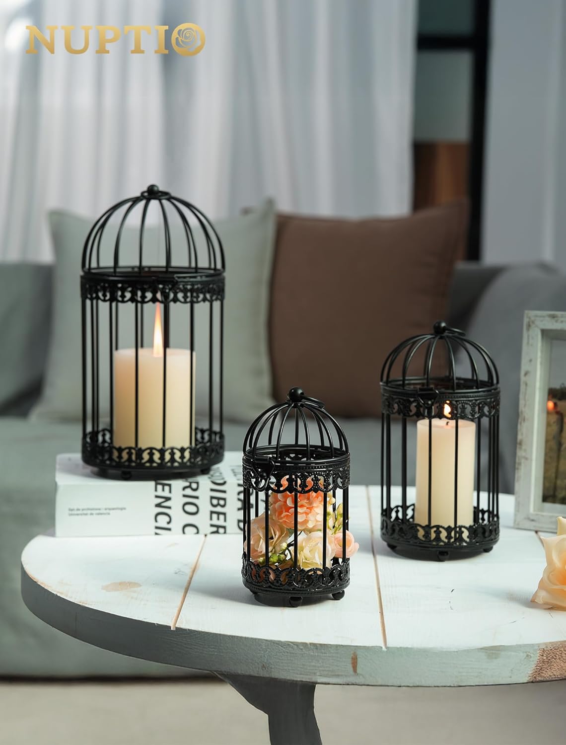 Vintage Bird Cage Lantern: Black Hanging Bird Cage Decor Candle Lanterns for Centerpiece - Large Birdcage Pillar Candles Holder for Halloween Christmas Bridal Shower 10 Inch H