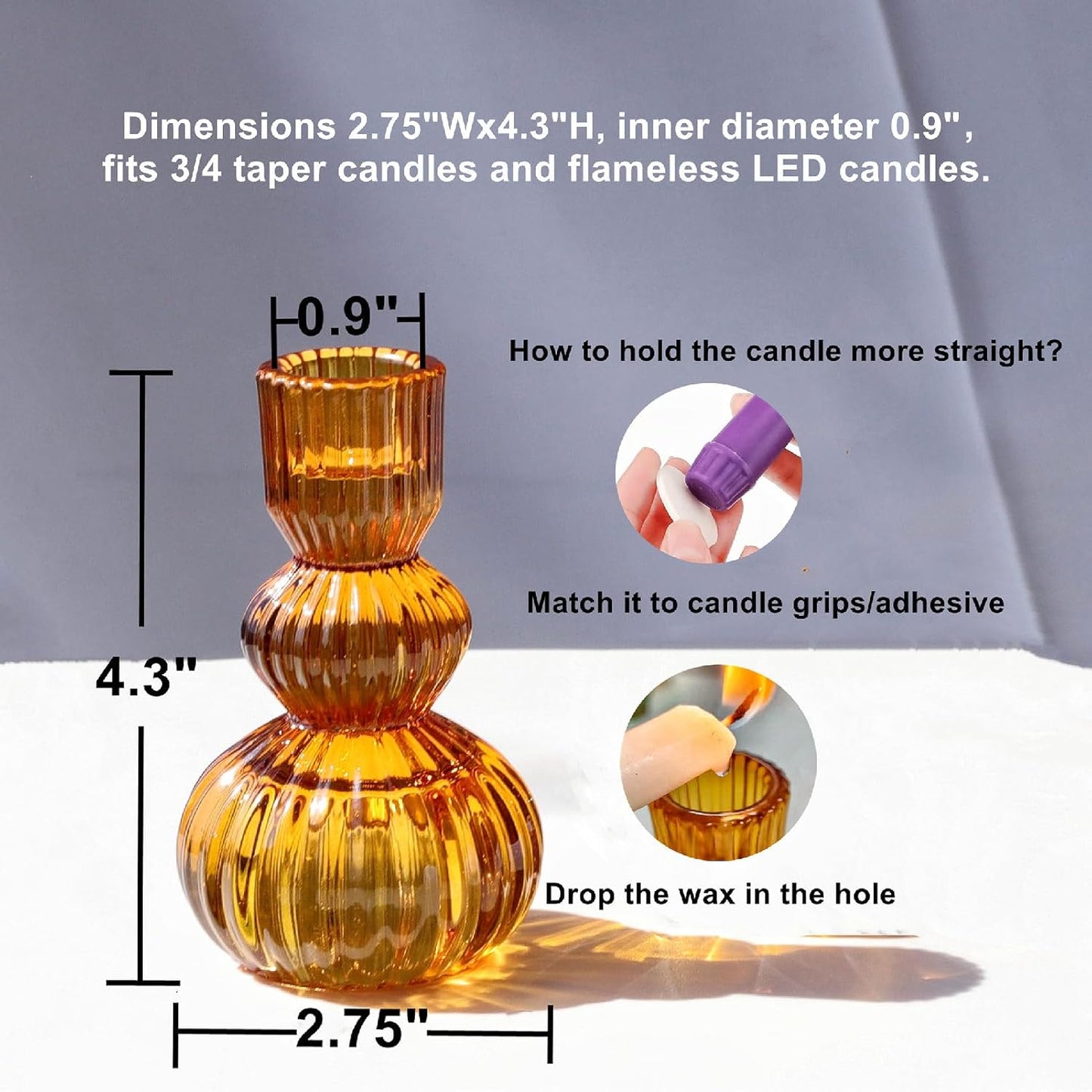 Amber Taper Candle Holders 4.3" H for Halloween/Thanksgiving Decorations, Set of 3 Ribbed Glass Candlestick Holders Vintage for Fall Wedding, Boho Candle Sticks Holder Decor for Dining Table