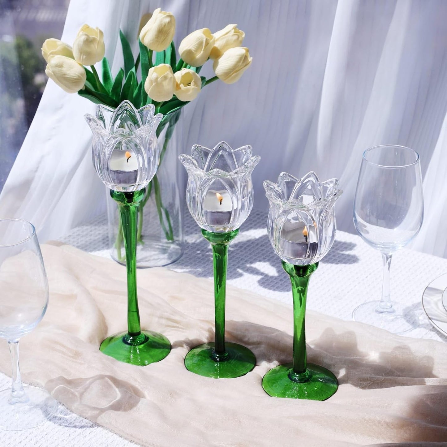 Clear Tulip Glass Tealight Candle Holders Set of 3 — Spring Table Centerpiece / Easter Decor / Tall Glass Tulip Candle Stands