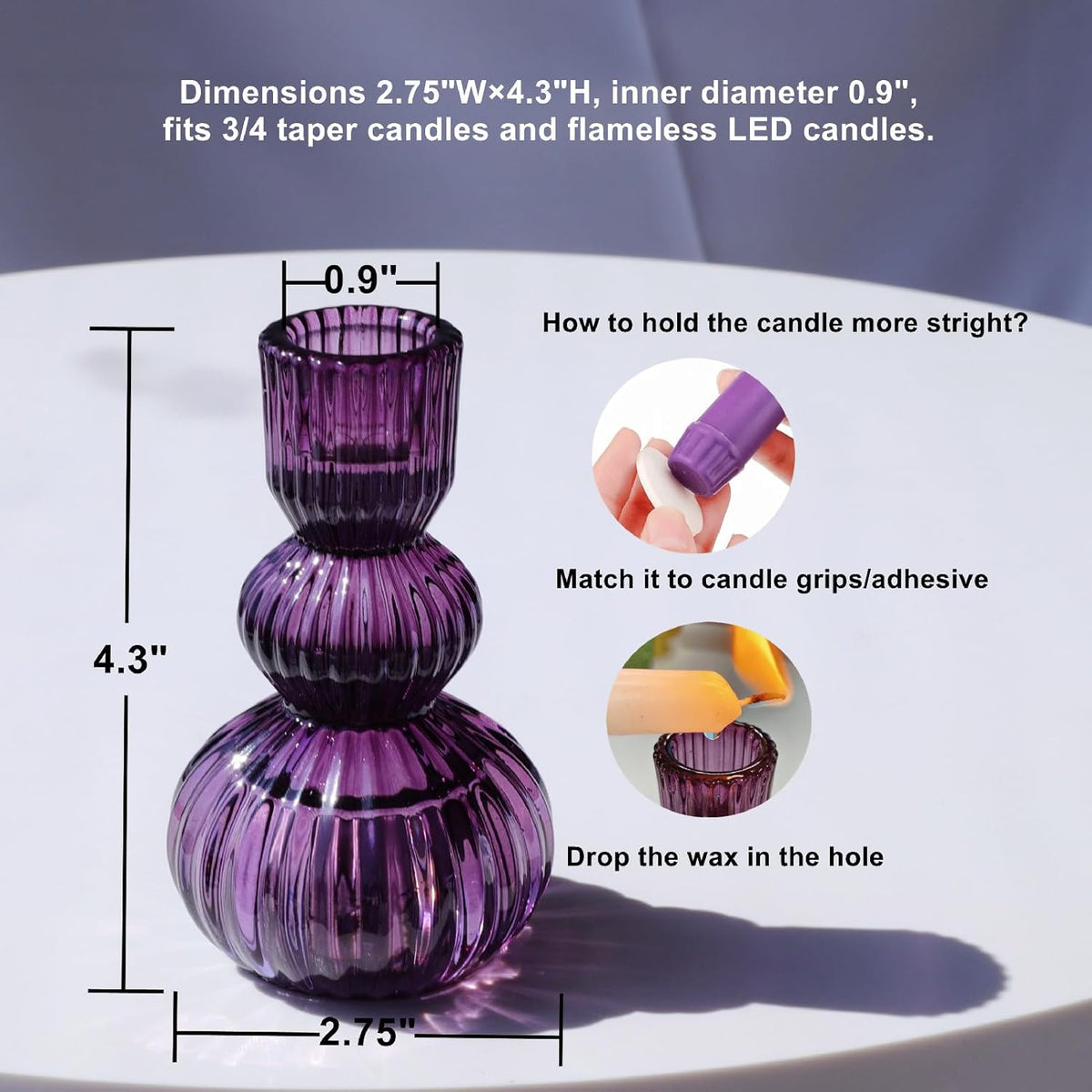 Set of 6 Purple Taper Candle Holders 4.3" H for Halloween Decorations, Vintage Ribbed Glass Candlestick Holders for Wedding Table Centerpiece, Candle Sticks Holder Decor for Holiday Home Decor