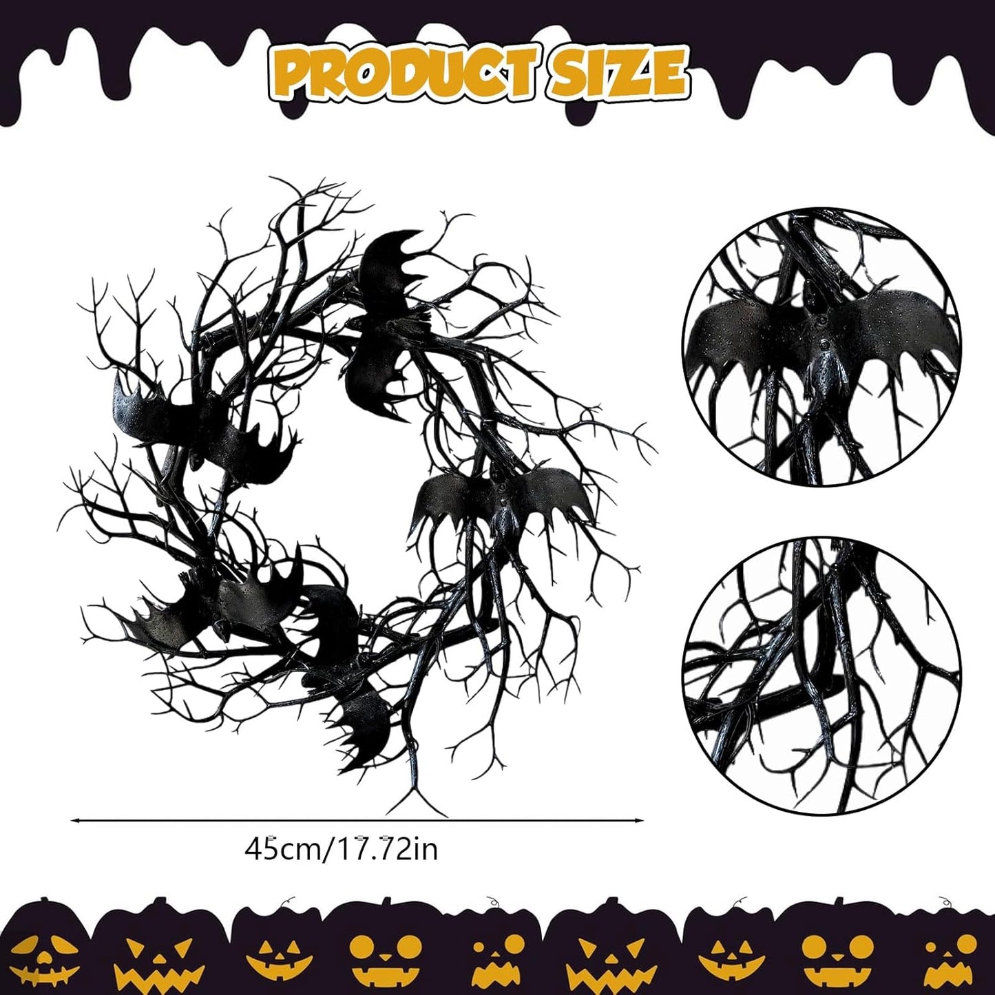 Halloween Black Branch Wreath - 18 Inch Black Twig Halloween Bat Wreaths with Red Lights for Front Door Indoor Outdoor Party Window Wall Decor Farmhouse Garland Yard