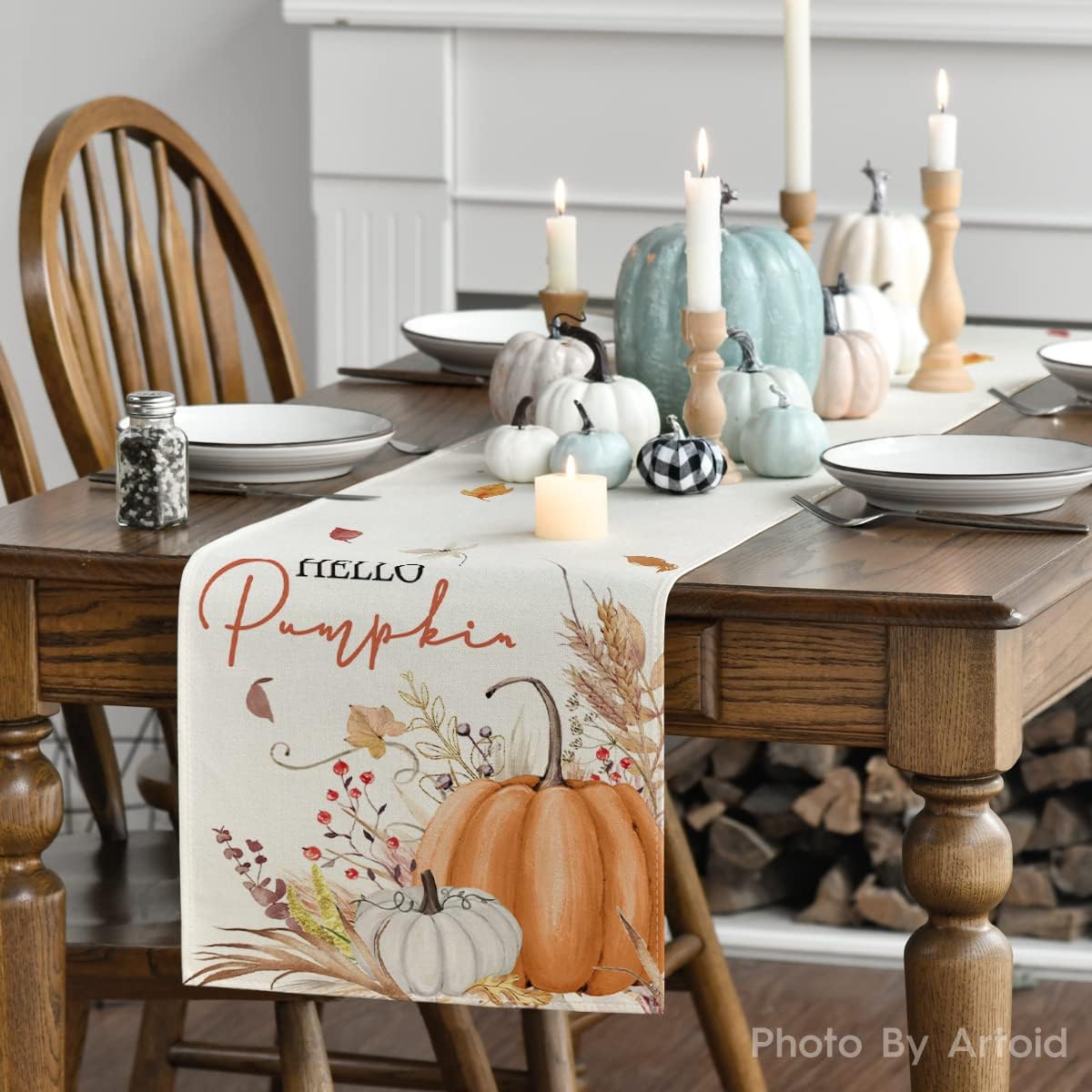 Artoid Mode Hello Pumpkin Flowers Leaves Thanksgiving Table Runner, Seasonal Fall Harvest Vintage Kitchen Dining Table Decoration for Indoor Outdoor Home Party Decor 13 x 72 Inch