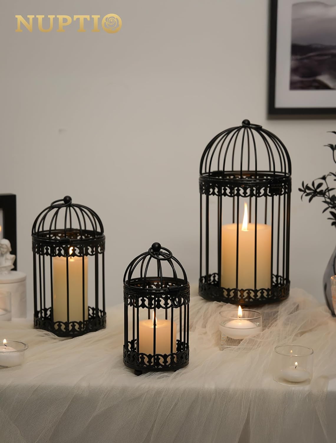 Vintage Bird Cage Lantern: Black Hanging Bird Cage Decor Candle Lanterns for Centerpiece - Large Birdcage Pillar Candles Holder for Halloween Christmas Bridal Shower 10 Inch H