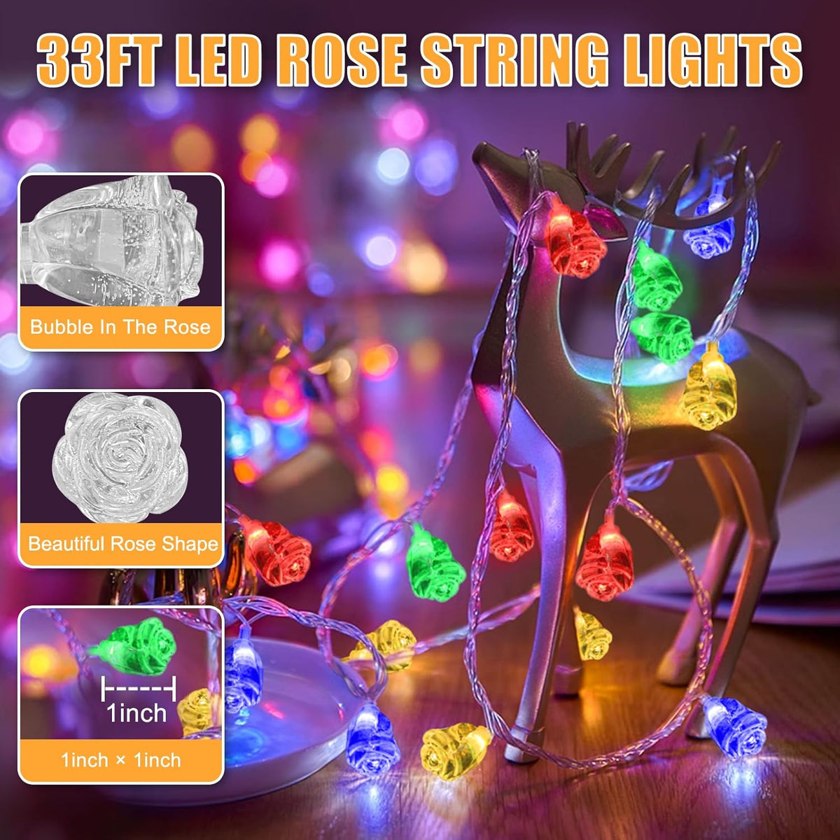 String Lights Indoor, 33Ft 80 LED Rose Flower Lights, 8 Modes Dimmable & Timeable Twinkle Lights, Festival Christmas Decorations for Bedroom Living Room, Multicolor, USB Plug, Remote