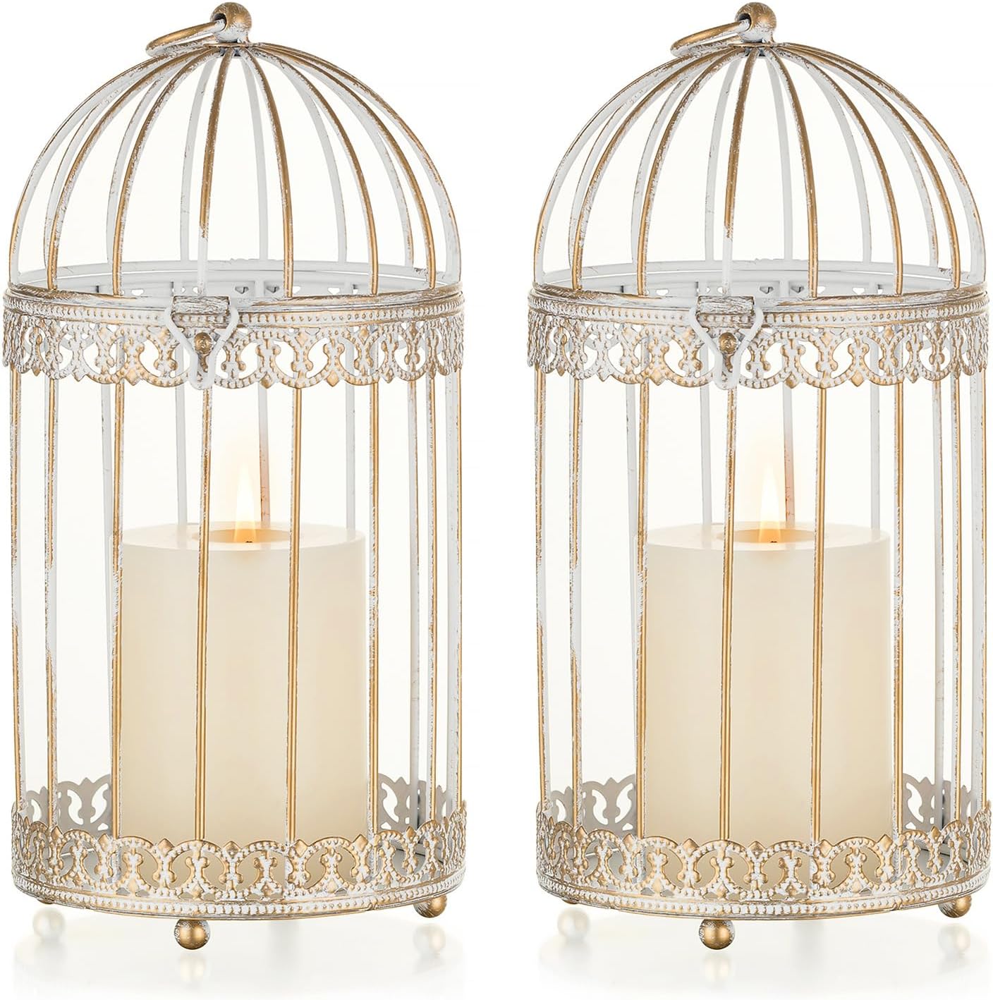 Decorative Bird Cage Lantern: 2 Set of 10 inch Tall Rustic White Birdcage Lanterns Centerpiece Vintage Decorating Metal Pillar Candle Holder for Christmas Bridal Shower Party Decor