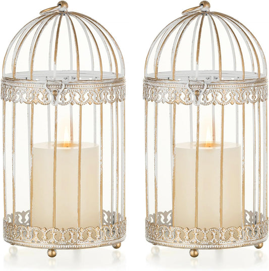 Decorative Bird Cage Lantern: 2 Set of 10 inch Tall Rustic White Birdcage Lanterns Centerpiece Vintage Decorating Metal Pillar Candle Holder for Christmas Bridal Shower Party Decor