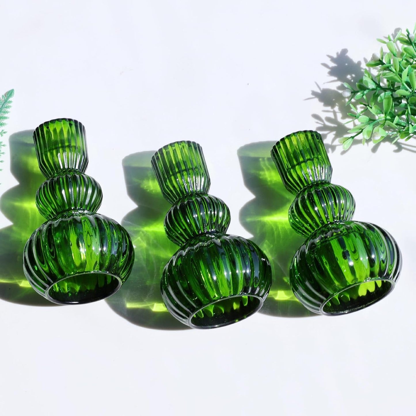 Green Ribbed Glass Taper Candle Holders, Set of 3, Table &amp; Shelf Accent