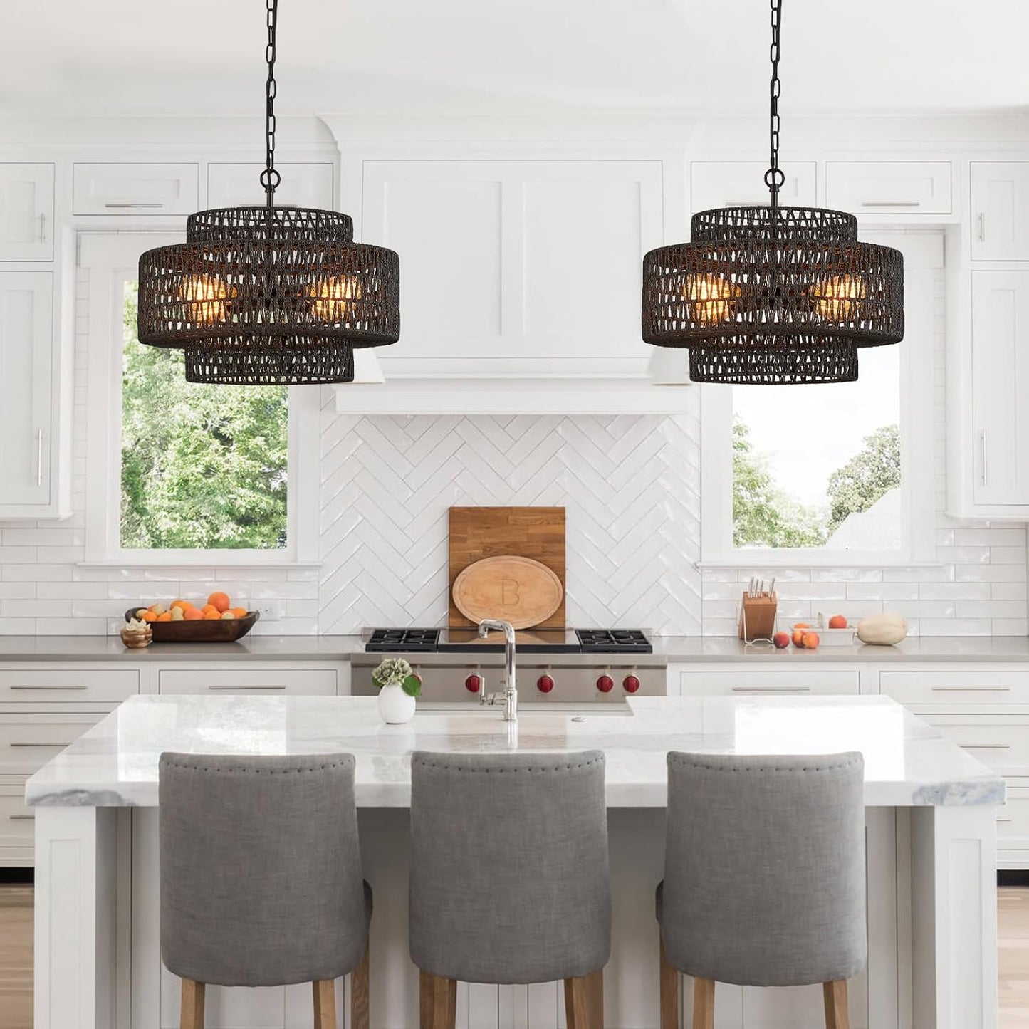 Hand-Woven Rattan Chandelier Vintage 4-Lights Farmhouse 17.7" Boho Bamboo Chandeliers Light Fixture Retro 3-Tier Drum Wicker Rattan Black Chandelier for Dining Room, Kitchen, Bedroom,Foyer