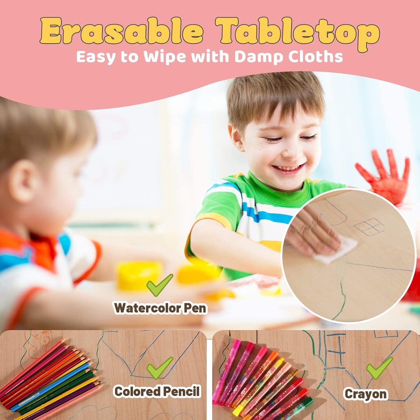 FUNLIO Kids Table and 4 Chairs Set, Height Adjustable Toddler Table and Chair Set for Ages 3-8, Easy to Wipe Arts & Crafts Table, for Classrooms/Daycares/Homes, CPC & CE Approved (5-Piece Set) - Pink