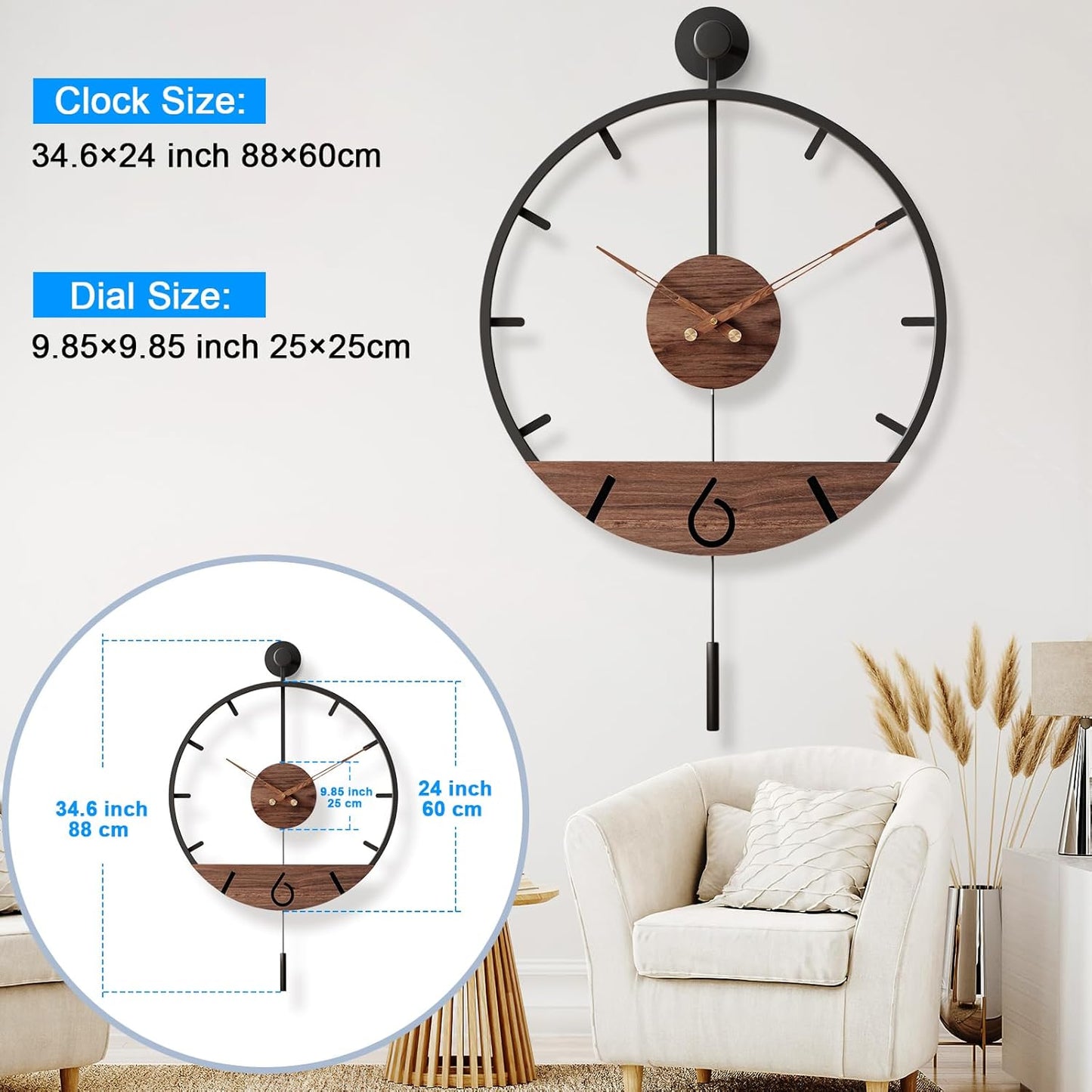 Large Modern Pendulum Wall Clock 30.7×20 — Silent Non-Ticking Minimal Farmhouse Statement Clock for Living Room
