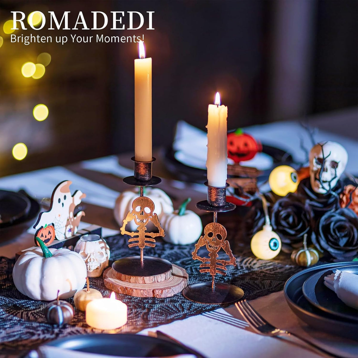 Candle Holder for Halloween Decor: Set of 2 Black Gothic Skull Taper Candlestick Table Centerpiece Decorations Spooky Party Dinning Room Home Indoor
