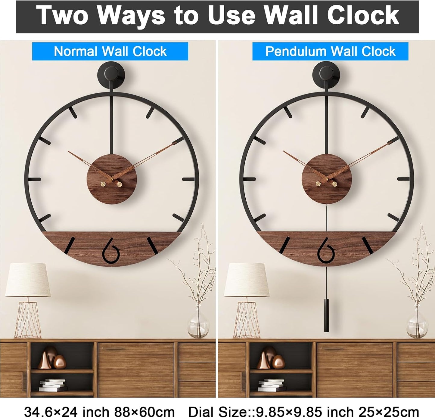 Large Modern Pendulum Wall Clock 30.7×20 — Silent Non-Ticking Minimal Farmhouse Statement Clock for Living Room