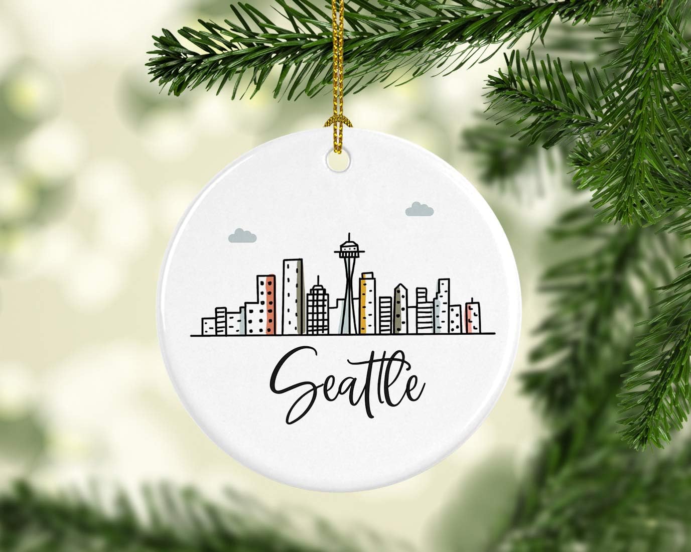 Andaz Press Round Ceramic Porcelain Christmas Tree Ornament Keepsake, Seattle Colorful City Skyline, 1-Pack, Birthday Ideas for Family Coworker, Gift Box Included