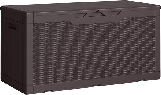 Greesum 100 Gallon Resin Deck Box Lockable Large Outdoor Storage Boxes for Garden Tools, Patio Furniture Cushions, Pool Supplies, Dark Brown
